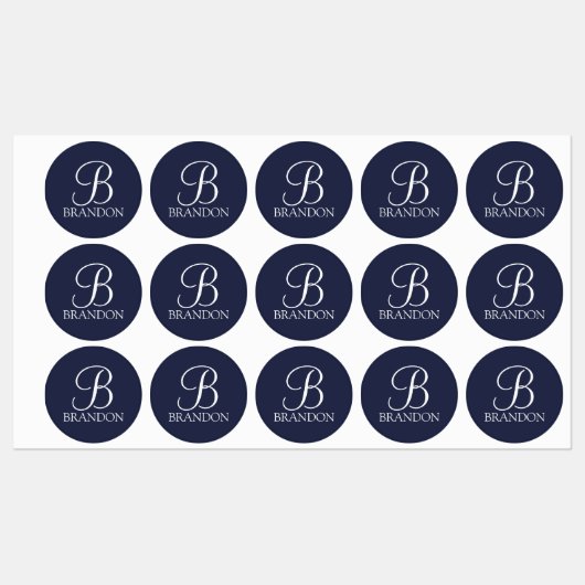 Navy Blue Personalisiert Script Monogram und Name Etiketten (Blatt)