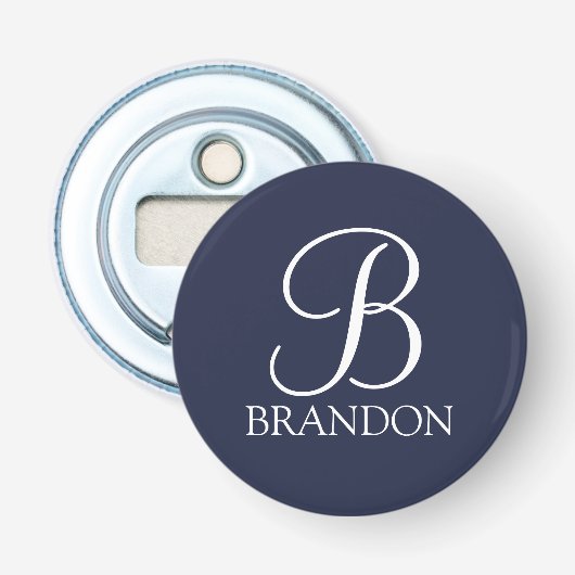 Navy Blue Personalisiert Script Monogram und Name Flaschenöffner (Vorderseite)