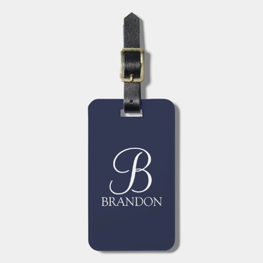 Navy Blue Personalisiert Script Monogram und Name Gepäckanhänger (Vorderseite vertikal)