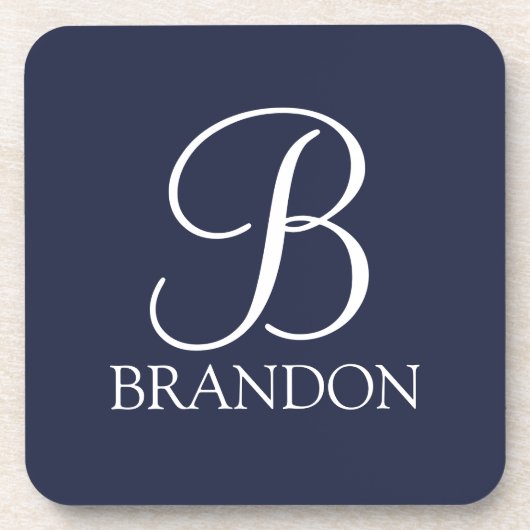 Navy Blue Personalisiert Script Monogram und Name Getränkeuntersetzer (Vorderseite)