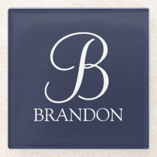 Navy Blue Personalisiert Script Monogram und Name Glasuntersetzer