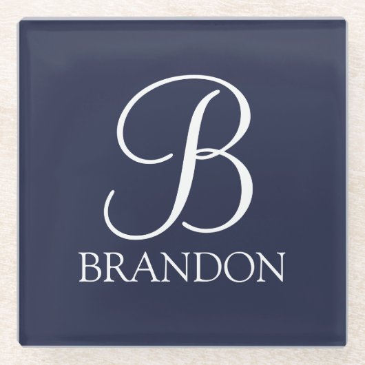Navy Blue Personalisiert Script Monogram und Name Glasuntersetzer (Vorderseite)