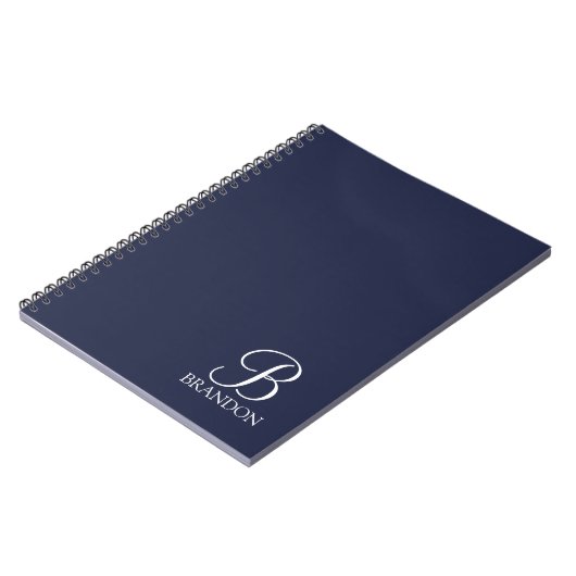 Navy Blue Personalisiert Script Monogram und Name Notizblock (Linke Seite)