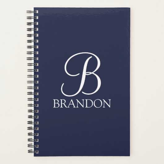 Navy Blue Personalisiert Script Monogram und Name Planer (Vorderseite)