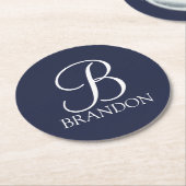 Navy Blue Personalisiert Script Monogram und Name Runder Pappuntersetzer (Angewinkelt)