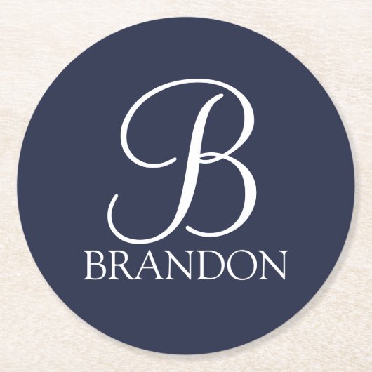 Navy Blue Personalisiert Script Monogram und Name Runder Pappuntersetzer (Vorderseite)