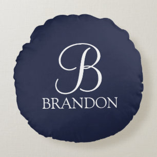 Navy Blue Personalisiert Script Monogram und Name Rundes Kissen