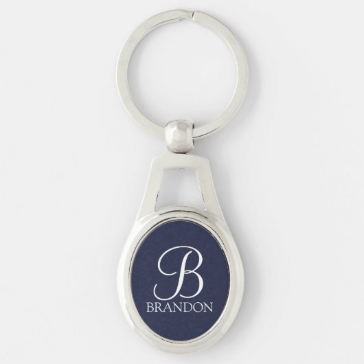 Navy Blue Personalisiert Script Monogram und Name Schlüsselanhänger (Vorderseite)