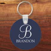 Navy Blue Personalisiert Script Monogram und Name Schlüsselanhänger (Vorderseite)