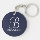 Navy Blue Personalisiert Script Monogram und Name Schlüsselanhänger (Rückseite)
