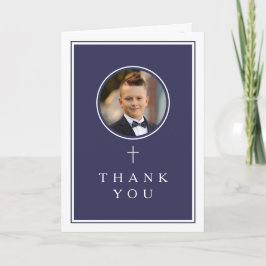 Navy Blue Photo Boy First Communion Dankeskarte
