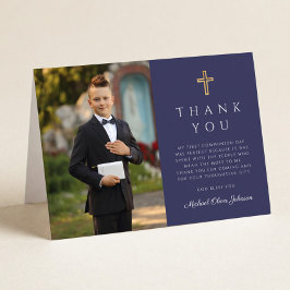 Navy Blue Photo Boy First Communion Folded Dankeskarte