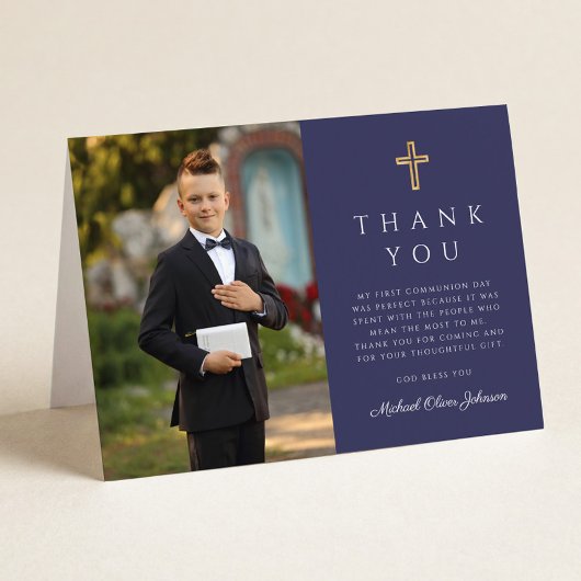 Navy Blue Photo Boy First Communion Folded Dankeskarte