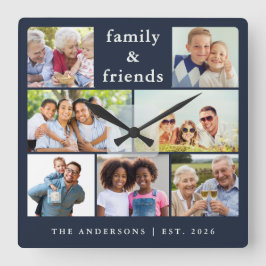 Navy Blue Photo Collage Family Friends Quadratische Wanduhr