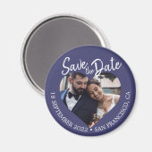 Navy Blue Photo Modern Script Save the Date Magnet (Vorderseite/Rückseite)