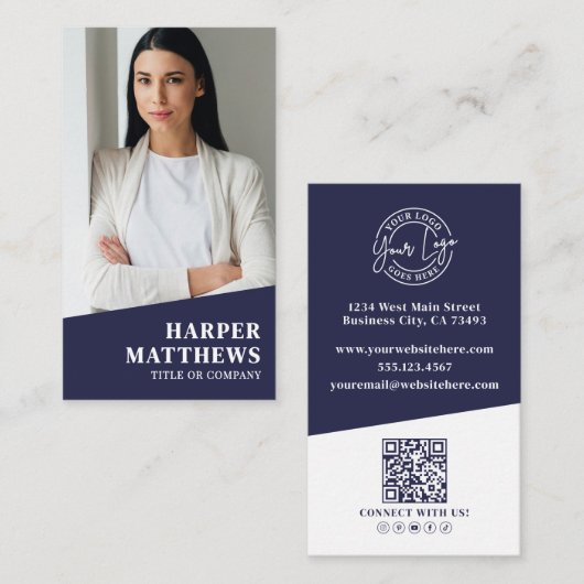 Navy Blue Photo QR Code Logo Vertical Visitenkarte (Vorne/Hinten)