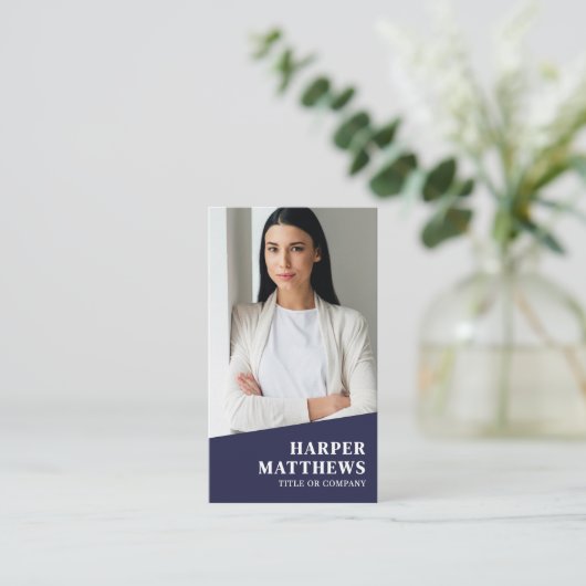 Navy Blue Photo QR Code Vertical Visitenkarte (Stehend Vorderseite)