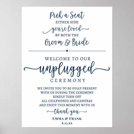Navy Blue Pick a Seat Unplugged Ceremony sign Poster (Vorne)