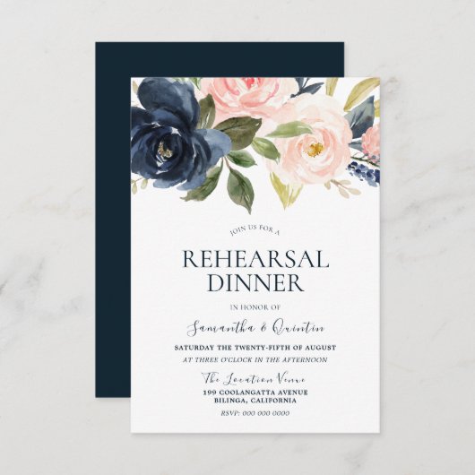 Navy Blue Pink Aquarell Probe Abendessen Einladung (Vorne/Hinten)