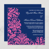 Navy Blue Pink Blüh Damask Hochzeitseinladungen Einladung (Vorne/Hinten)