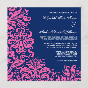 Navy Blue Pink Blüh Damask Hochzeitseinladungen Einladung