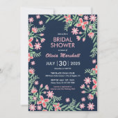 Navy Blue Pink Blume Swirl Blumenmuster Brautparty Einladung (Vorderseite)