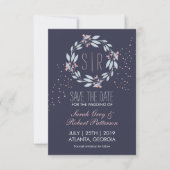 Navy Blue Pink Blume Wreath Wedding Save the Date (Vorderseite)