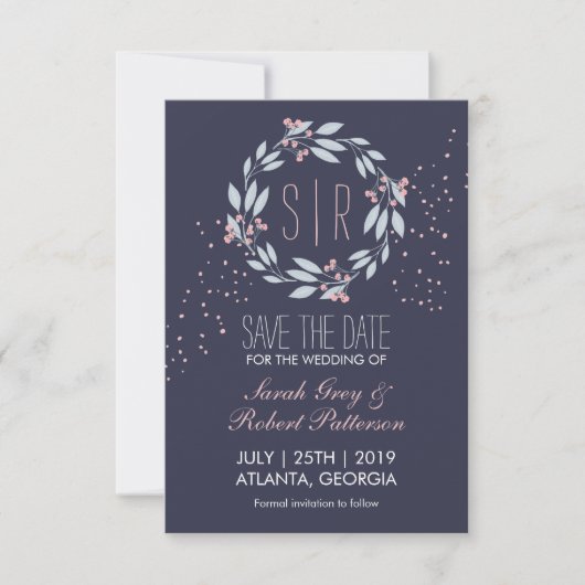 Navy Blue Pink Blume Wreath Wedding Save the Date (Vorderseite)