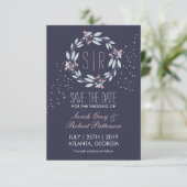 Navy Blue Pink Blume Wreath Wedding Save the Date (Stehend Vorderseite)