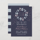 Navy Blue Pink Blume Wreath Wedding Save the Date (Vorne/Hinten)