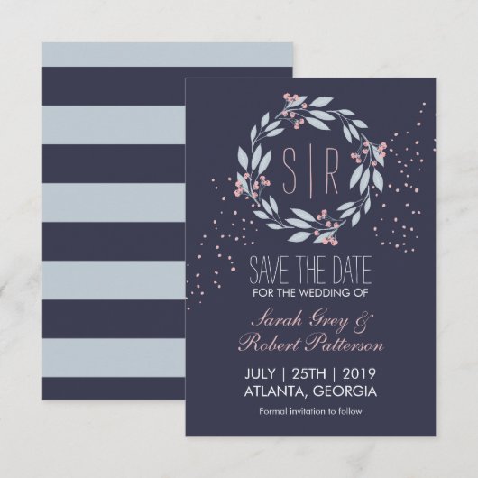 Navy Blue Pink Blume Wreath Wedding Save the Date (Vorne/Hinten)