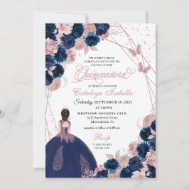 Navy Blue & Pink Butterfly Princess Quinceanera Einladung
