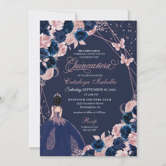 Navy Blue & Pink Butterfly Princess Quinceanera Einladung (Vorderseite)