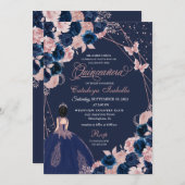 Navy Blue & Pink Butterfly Princess Quinceanera Einladung (Vorne/Hinten)
