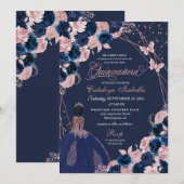 Navy Blue & Pink Butterfly Princess Quinceanera Einladung (Vorne/Hinten)