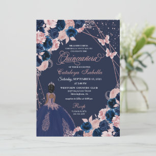 Navy Blue & Pink Butterfly Princess Quinceanera Einladung