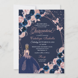 Navy Blue & Pink Butterfly Princess Quinceanera Einladung