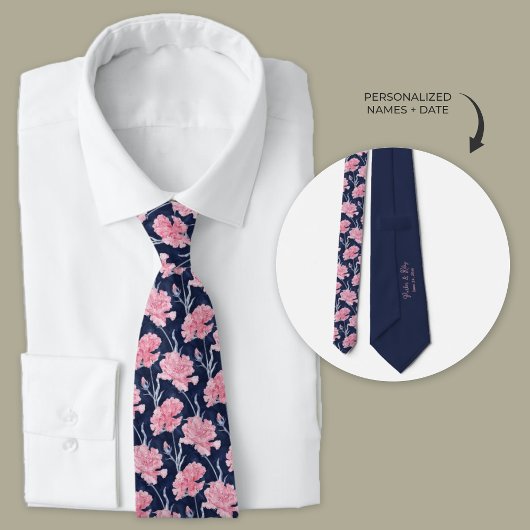 Navy Blue Pink Carnation Wedding Neck Tie Krawatte