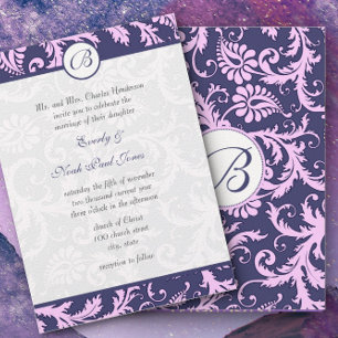 Navy Blue & Pink Damask Wirbel Hochzeit Einladung