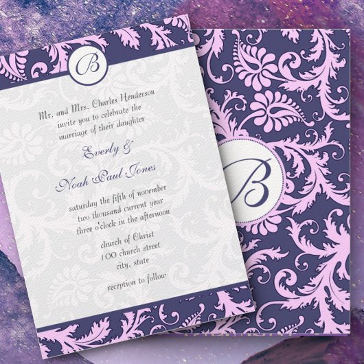 Navy Blue & Pink Damask Wirbel Hochzeit Einladung