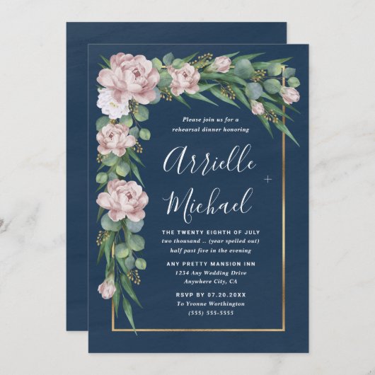 Navy Blue Pink Dusty Rose Gold Probe Dinner Einladung (Vorne/Hinten)