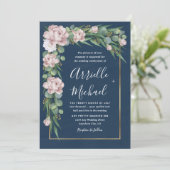 Navy Blue & Pink Dusty Rose Greenerity Gold Weddin Einladung (Stehend Vorderseite)