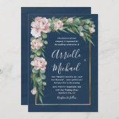 Navy Blue & Pink Dusty Rose Greenerity Gold Weddin Einladung (Vorne/Hinten)