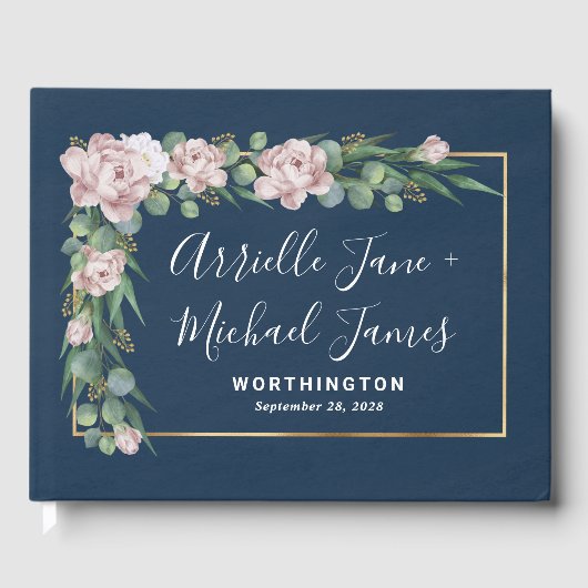 Navy Blue & Pink Dusty Rose Greenerity Gold Weddin Gästebuch (Vorderseite)