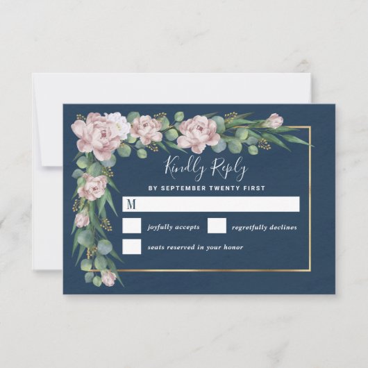 Navy Blue & Pink Dusty Rose Greenerity Gold Weddin RSVP Karte (Vorderseite)