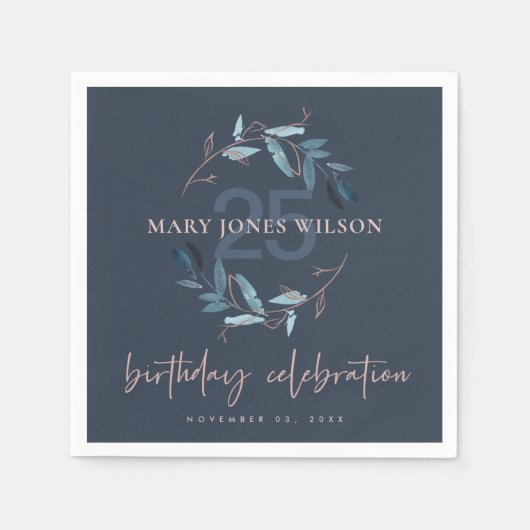 NAVY BLUE PINK FAUNA WREATH JEDES ALTER 25. GEBURT SERVIETTE (Vorderseite)