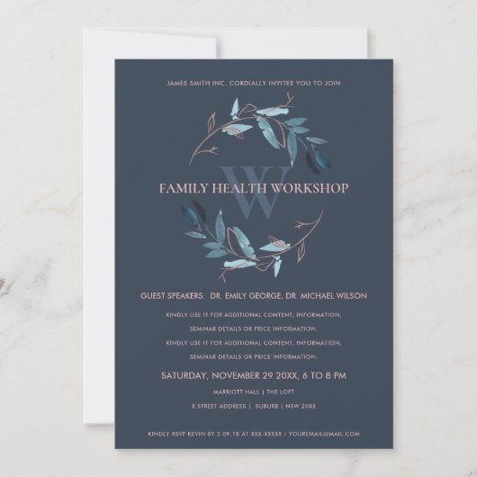 NAVY BLUE PINK FAUNA WREATH WORKSHOP-EREIGNIS DANKESKARTE (Vorderseite)