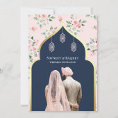 Navy Blue Pink Floral Anand Karaj Sikh Wedding Einladung (Vorderseite)