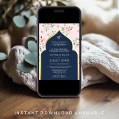Navy Blue Pink Floral Anand Karaj Sikh Wedding Einladung
