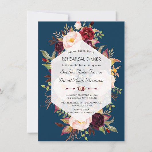 Navy Blue Pink Floral Geometric Probe Dinner Einladung (Vorderseite)